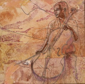 Cello Dream, mixed media collage on gallery canvas , 10 x 10 in SOLD