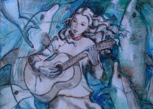 Dancing With Dolphins, 22 x 30 in, mixed media