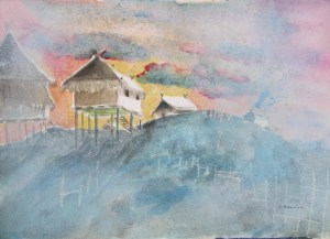 Laos Village, 9 x 12 in, mixed media